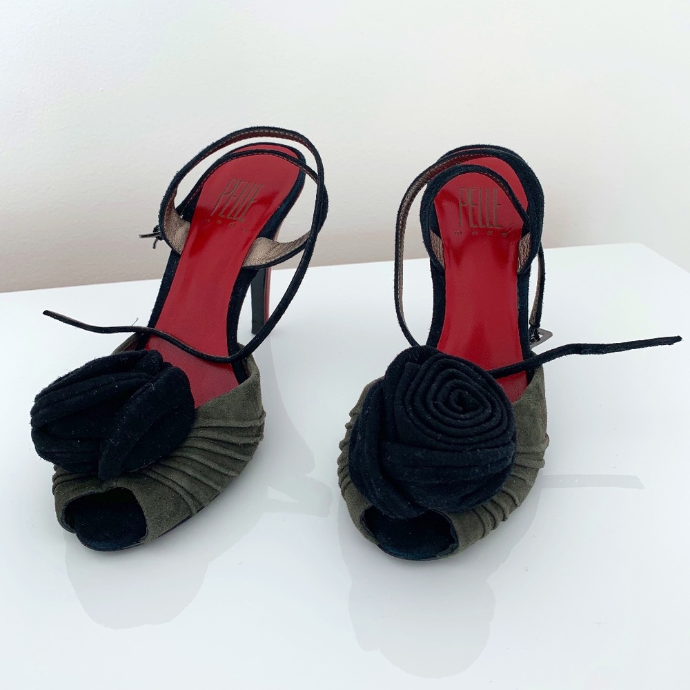 Pelle Moda Suede Black/Grey Rose Stilettos Size 6